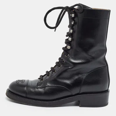 Pre-owned Chanel Cc Size 37.5 Black Leather Combat Boots