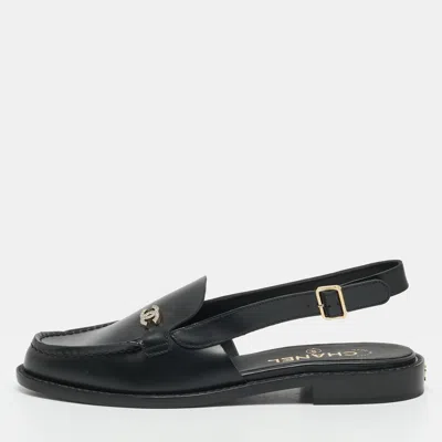 Pre-owned Chanel Cc Size 37.5 Black Leather Slingback Loafers