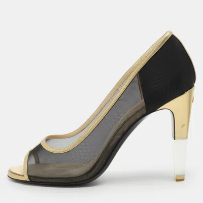 Pre-owned Chanel Cc Size 37.5 Black/gold Leather And Mesh Peep Toe Pumps