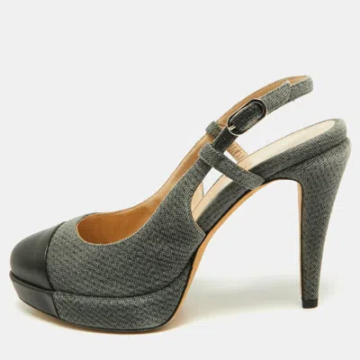 Pre-owned Chanel Cc Size 37.5 Black/grey Fabric And Leather Platform Slingback Pumps