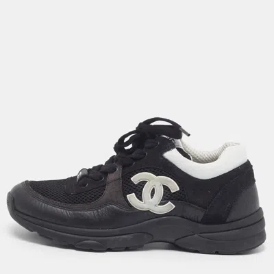 Pre-owned Chanel Cc Size 37.5 Black/white Leather And Mesh Low Top Sneakers