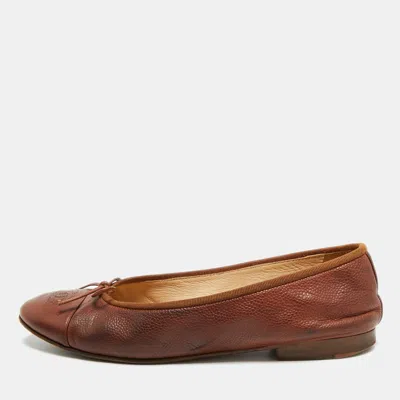 Pre-owned Chanel Cc Size 37.5 Brown Leather Cap Toe Bow Ballet Flats