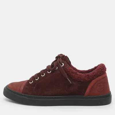 Pre-owned Chanel Cc Size 37.5 Burgundy Shearling And Suede Low Top Sneakers