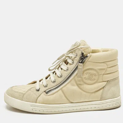 Pre-owned Chanel Cc Size 37.5 Cream/grey Fabric And Suede High Top Sneakers In White