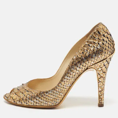Pre-owned Chanel Cc Size 37.5 Metallic Gold Python Leather Peep Toe Pumps
