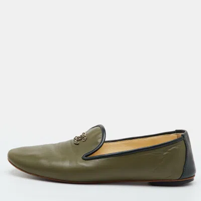 Pre-owned Chanel Cc Size 37.5 Olive Green Leather Cc Chain Link Slip On Loafers