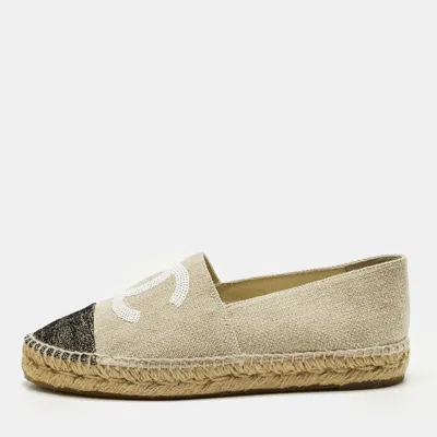 Pre-owned Chanel Cc Size 38 Beige/black Tweed Espadrille Flats In Sand