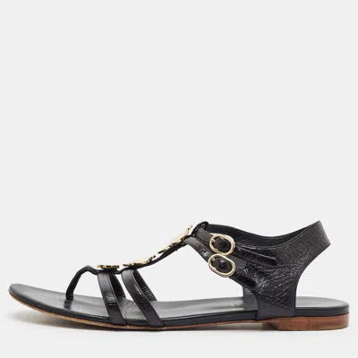 Pre-owned Chanel Cc Size 38 Black Leather T Strap Thong Flat Sandals Sandals
