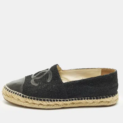 Pre-owned Chanel Cc Size 38 Black Patent Leather And Tweed Cap Toe Espadrille Flats