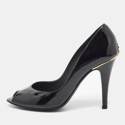 Pre-owned Chanel Cc Size 38 Black Patent Leather Peep Toe Pumps