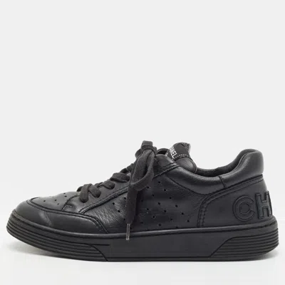 Pre-owned Chanel Cc Size 38 Black Perforated Leather Lace Up Sneakers