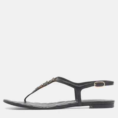 Pre-owned Chanel Cc Size 38 Black Suede Thong Ankle Strap Flats