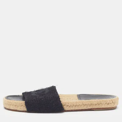 Pre-owned Chanel Cc Size 38 Black Tweed Espadrille Flats