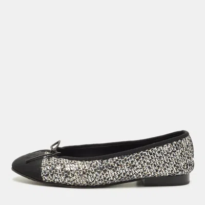 Pre-owned Chanel Cc Size 38 Black/grey Canvas And Tweed Bow Ballet Flats