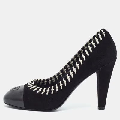 Pre-owned Chanel Cc Size 38 Black/white Leather And Suede Coco Mark Cap Toe Pumps