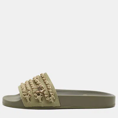 Pre-owned Chanel Cc Size 38 Green Canvas Chain Link Slide Sandals