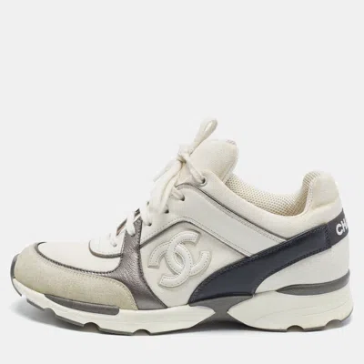 Pre-owned Chanel Cc Size 38 Tricolor Canvas And Leather Lace Up Sneakers In White