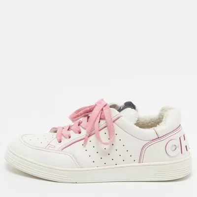 Pre-owned Chanel Cc Size 38 White Leather Low Top Sneakers