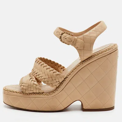Pre-owned Chanel Cc Size 38.5 Beige Woven Leather Platform Wedge Ankle Strap Sandals