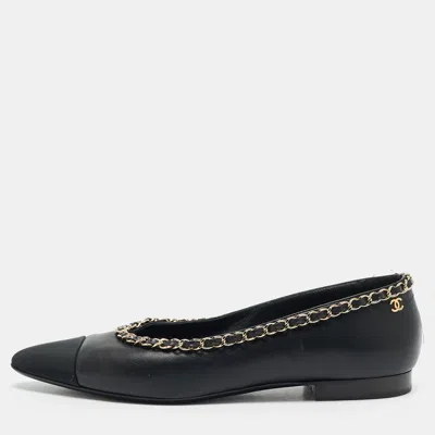 Pre-owned Chanel Cc Size 38.5 Black Canvas And Leather Chain Ballet Flats