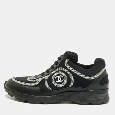 Pre-owned Chanel Cc Size 38.5 Black Leather And Neoprene Low Top Sneakers
