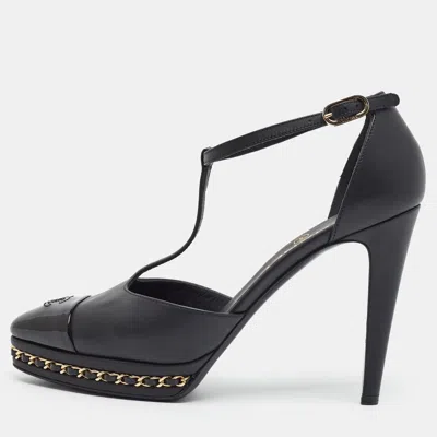 Pre-owned Chanel Cc Size 38.5 Black Leather And Patent Chain Details Platform T-strap Pumps