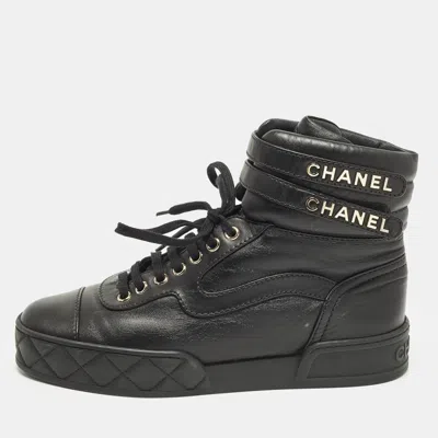 Pre-owned Chanel Cc Size 38.5 Black Leather High Top Sneakers