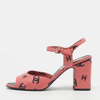 Pre-owned Chanel Cc Size 38.5 Pink/black Leather Ankle Strap Sandals