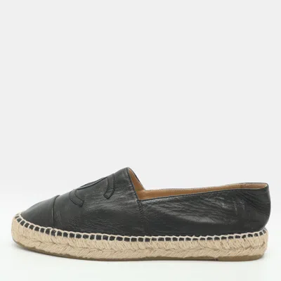 Pre-owned Chanel Cc Size 39 Black Leather Cap Toe Espadrille Flats