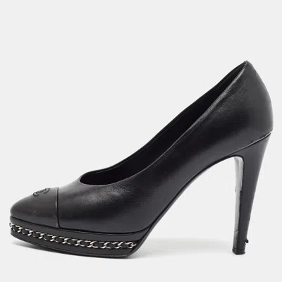 Pre-owned Chanel Cc Size 39 Black Leather Chain Detail Cap Teo Platform Pumps