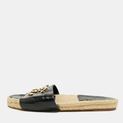 Pre-owned Chanel Cc Size 39 Black Leather Crystal Embellished Espadrille Flat Slide