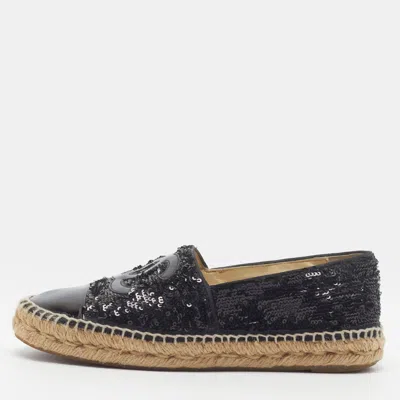 Pre-owned Chanel Cc Size 39 Black Patent Leather And Sequins Cap Toe Espadrille Flats