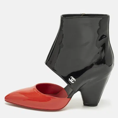 Pre-owned Chanel Cc Size 39 Black/red Cut Out Patent Leather Booties