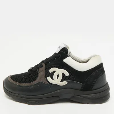 Pre-owned Chanel Cc Size 39 Black/white Leather And Mesh Lace Up Sneakers