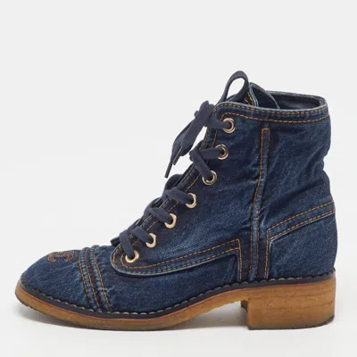 Pre-owned Chanel Cc Size 39 Blue Denim Combat Boots