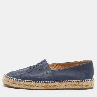 Pre-owned Chanel Cc Size 39 Blue Leather Cap Toe Slip On Espadrille Flats