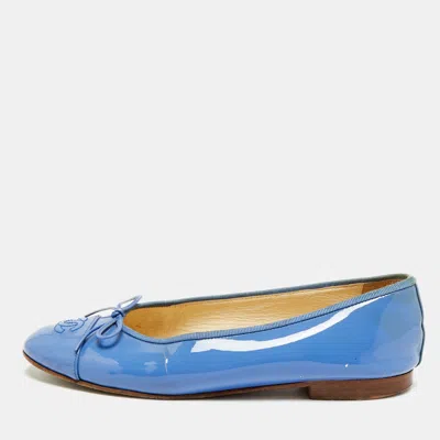 Pre-owned Chanel Cc Size 39 Blue Patent Leather Bow Cap Toe Ballet Flats