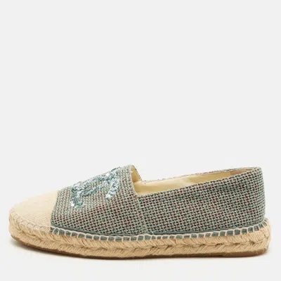 Pre-owned Chanel Cc Size 39 Blue/beige Canvas And Knit Fabric Espadrille Flats