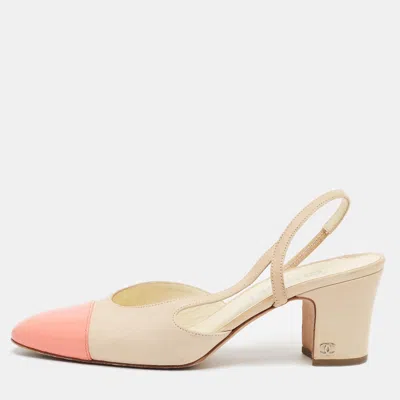 Pre-owned Chanel Cc Size 39 Cream/pink Leather Slingback Block Heel Pumps In White