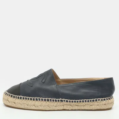 Pre-owned Chanel Cc Size 39 Navy Blue/black Leather Cap Toe Espadrille Flats