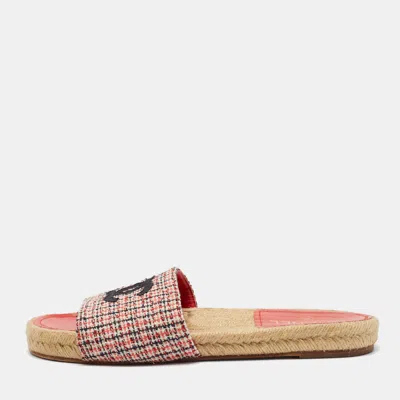 Pre-owned Chanel Cc Size 39 Pink Tweed Espadrille Flat Slides