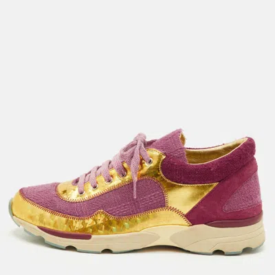 Pre-owned Chanel Cc Size 39 Pink/gold Leather Suede And Tweed Low Top Sneakers