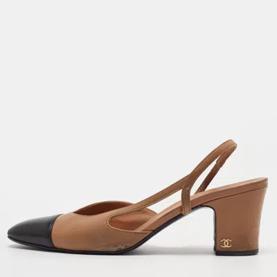 Pre-owned Chanel Cc Size 39.5 Beige/black Leather Block Heel Slingback Pumps In Sand