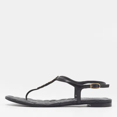 Pre-owned Chanel Cc Size 39.5 Black Leather Ankle Strap Thong Sandals