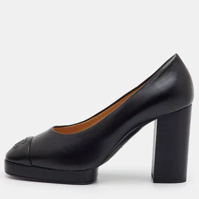 Pre-owned Chanel Cc Size 39.5 Black Leather Cap Toe Platform Block Heel Pumps