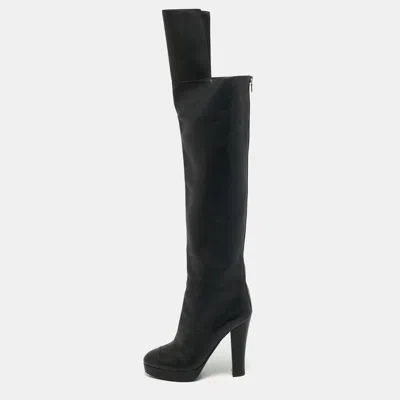 Pre-owned Chanel Cc Size 39.5 Black Leather Knee Length Boots