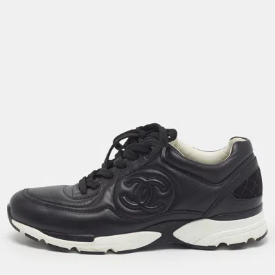 Pre-owned Chanel Cc Size 39.5 Black Leather Lace Up Sneakers