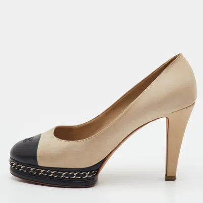 Pre-owned Chanel Cc Size 39.5 Cream/black Leather Cap Toe Platform Pumps