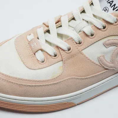 Pre-owned Chanel Cc Size 39.5 Pink/white Canvas Lace Up Sneakers