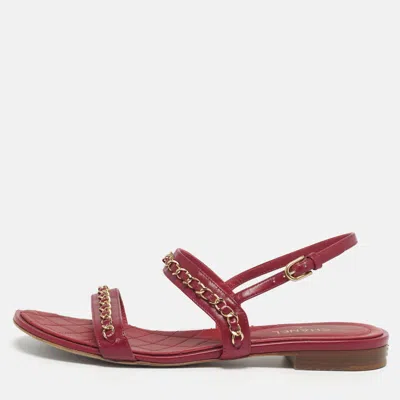 Pre-owned Chanel Cc Size 39.5 Red Leather Chain Detail Slingback Flat Sandals
